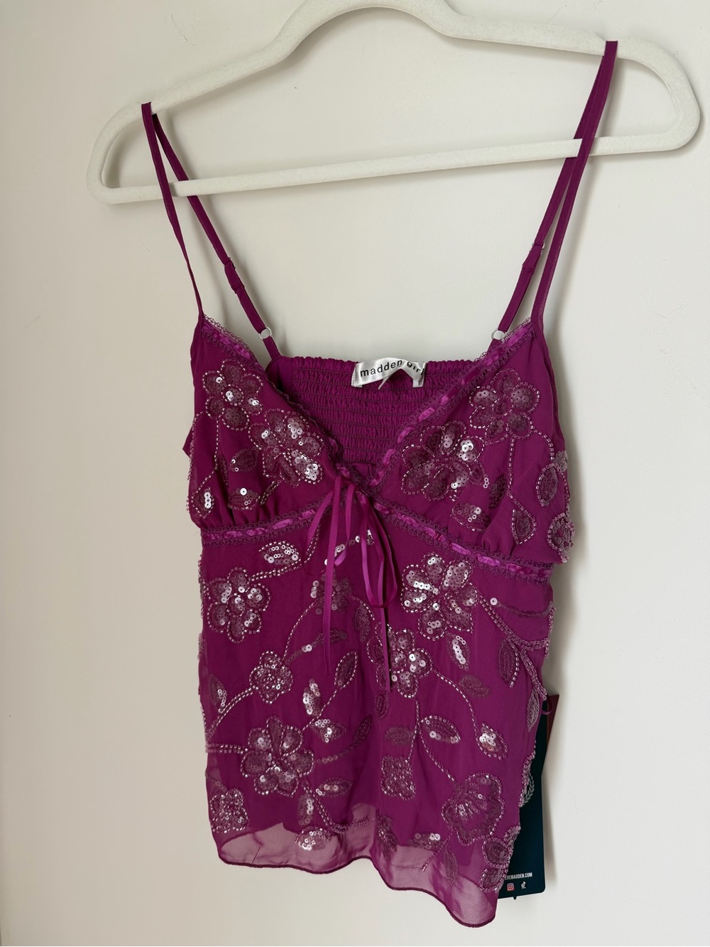 Magenta pink Beaded Cami tank top with lace trim